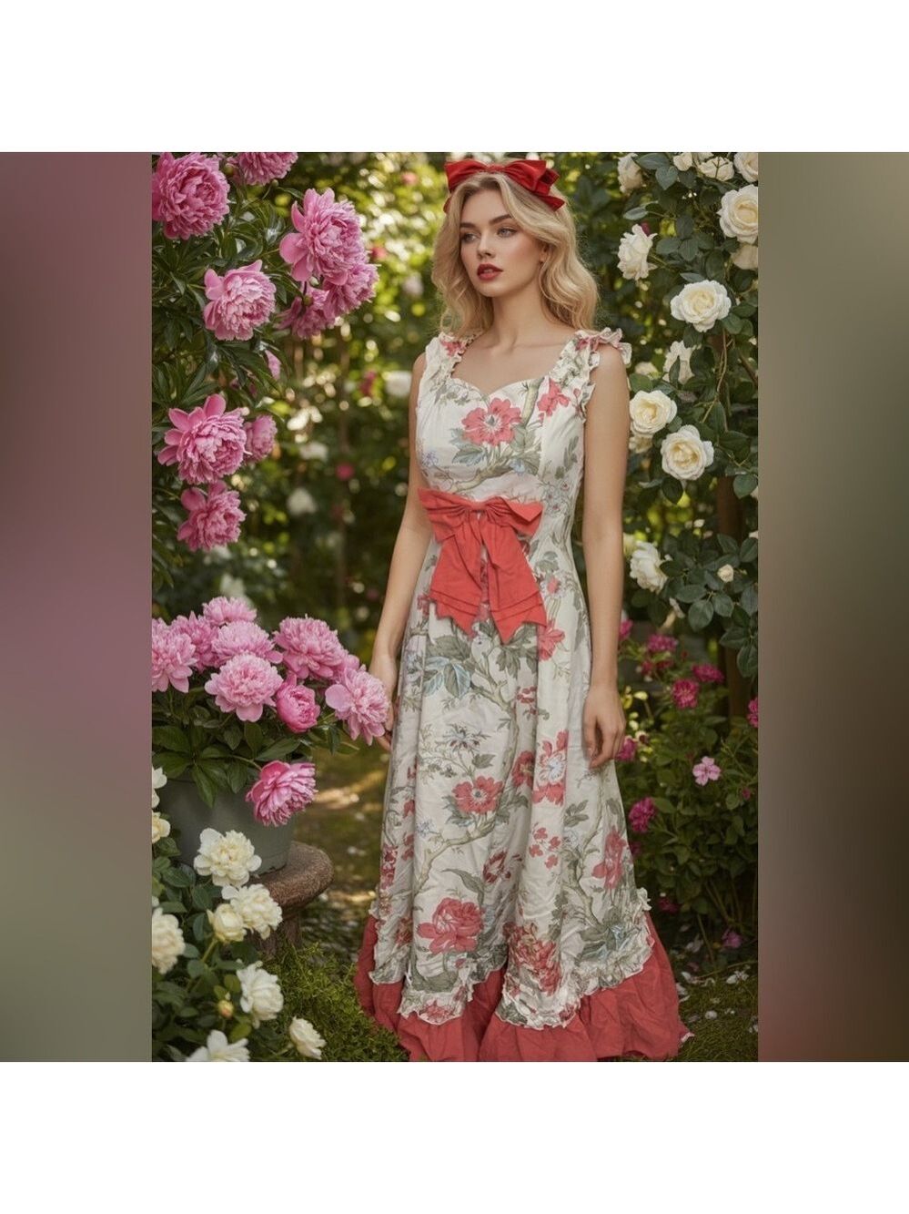 🎉HP🎉Victorian Choice Floral Cottagecore Midi Dress w/ Coral Ruffle Bow - Small - Picture 4 of 11